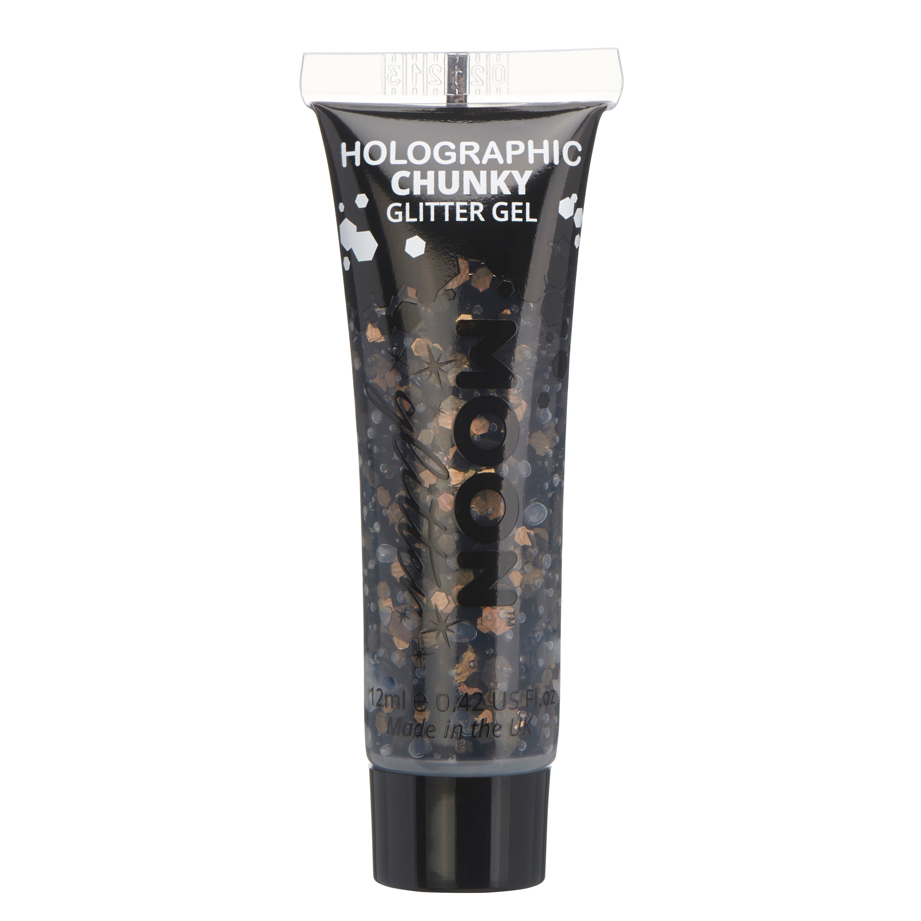 Black - Holographic Chunky Face & Body Glitter Gel, 12mL. Cosmetically certified, FDA & Health Canada compliant, cruelty free and vegan.