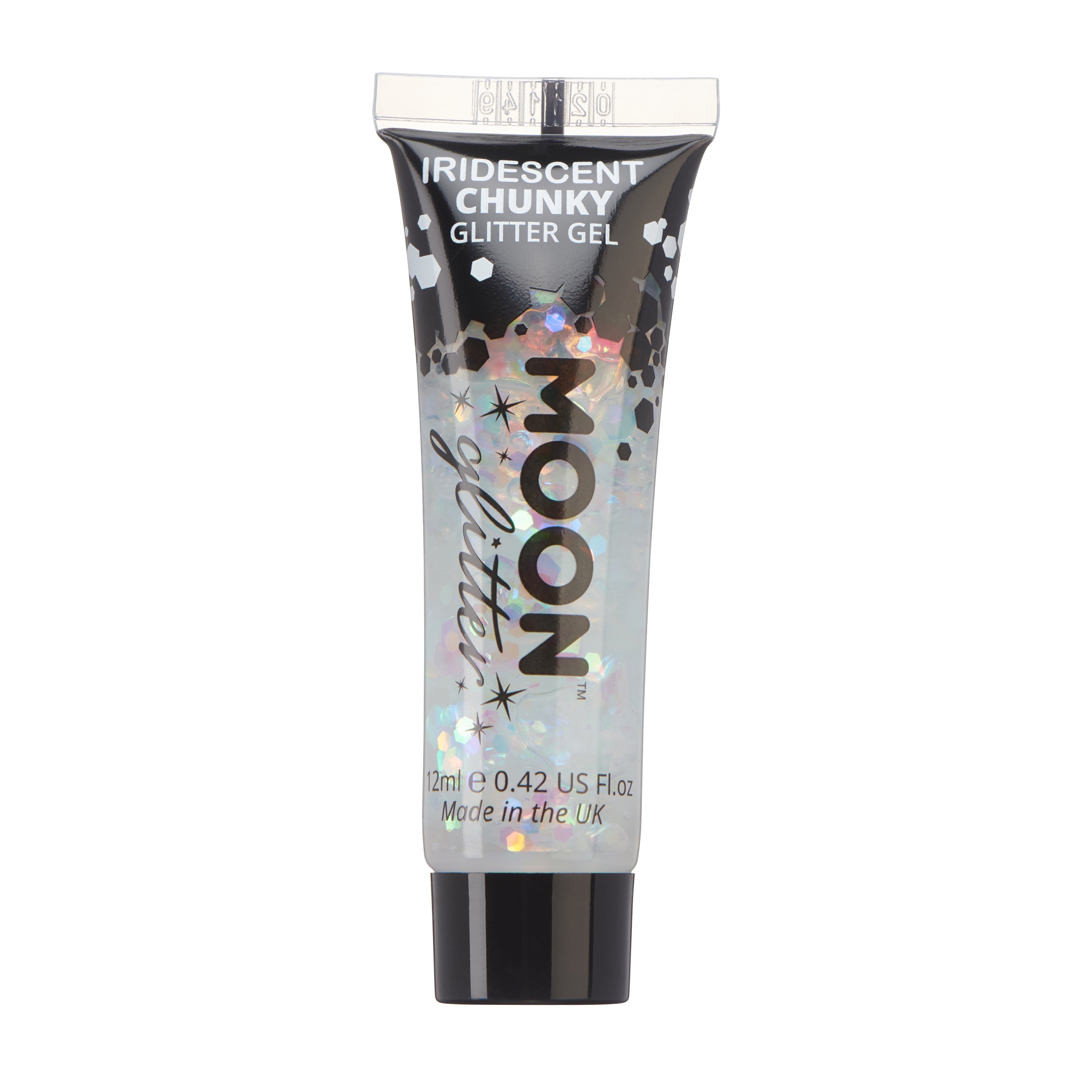 White - Iridescent Chunky Face & Body Glitter Gel, 12mL. Cosmetically certified, FDA & Health Canada compliant, cruelty free and vegan.