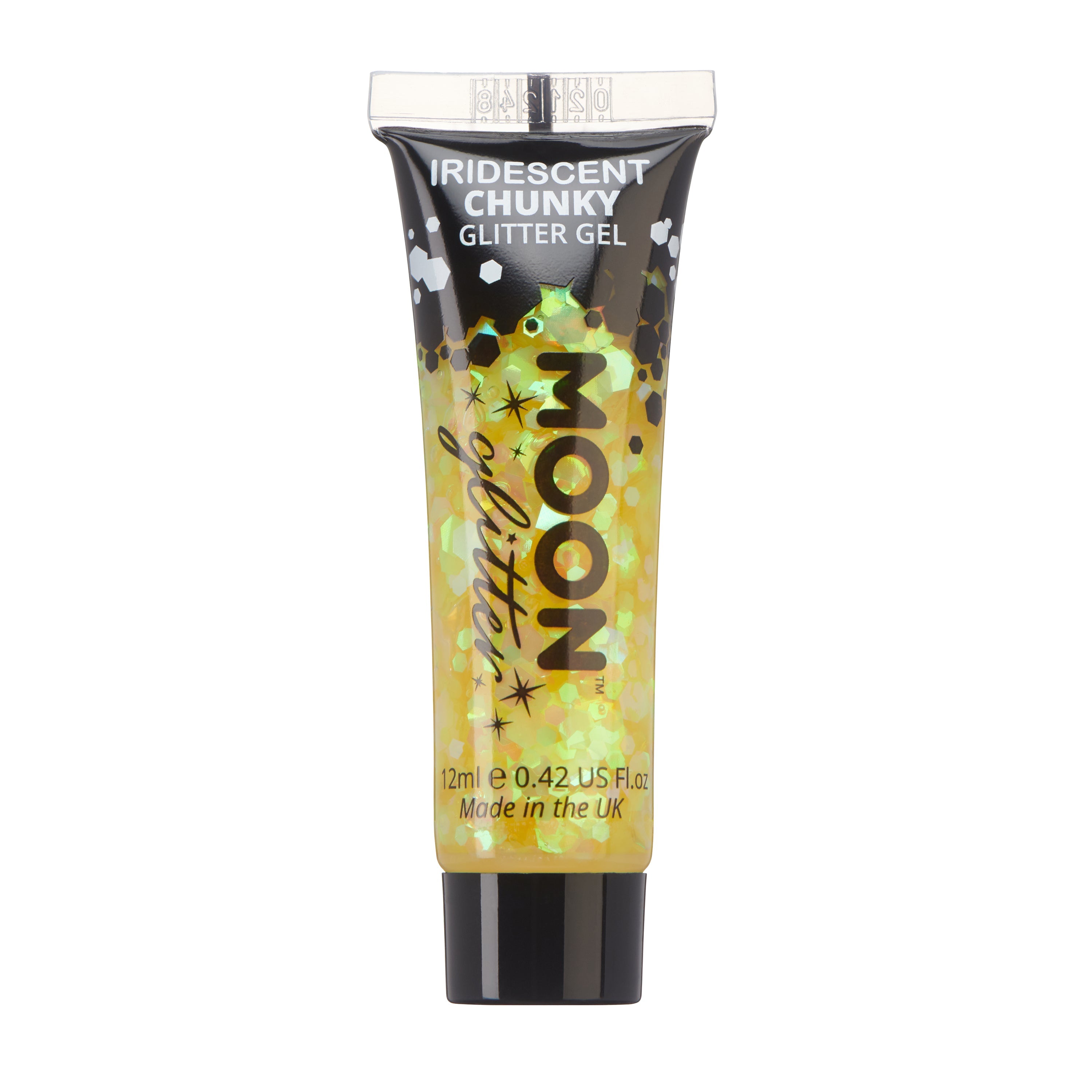 Yellow - Iridescent Chunky Face & Body Glitter Gel, 12mL. Cosmetically certified, FDA & Health Canada compliant, cruelty free and vegan.