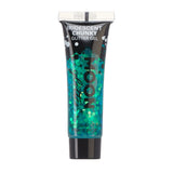 Green - Iridescent Chunky Face & Body Glitter Gel, 12mL. Cosmetically certified, FDA & Health Canada compliant, cruelty free and vegan.