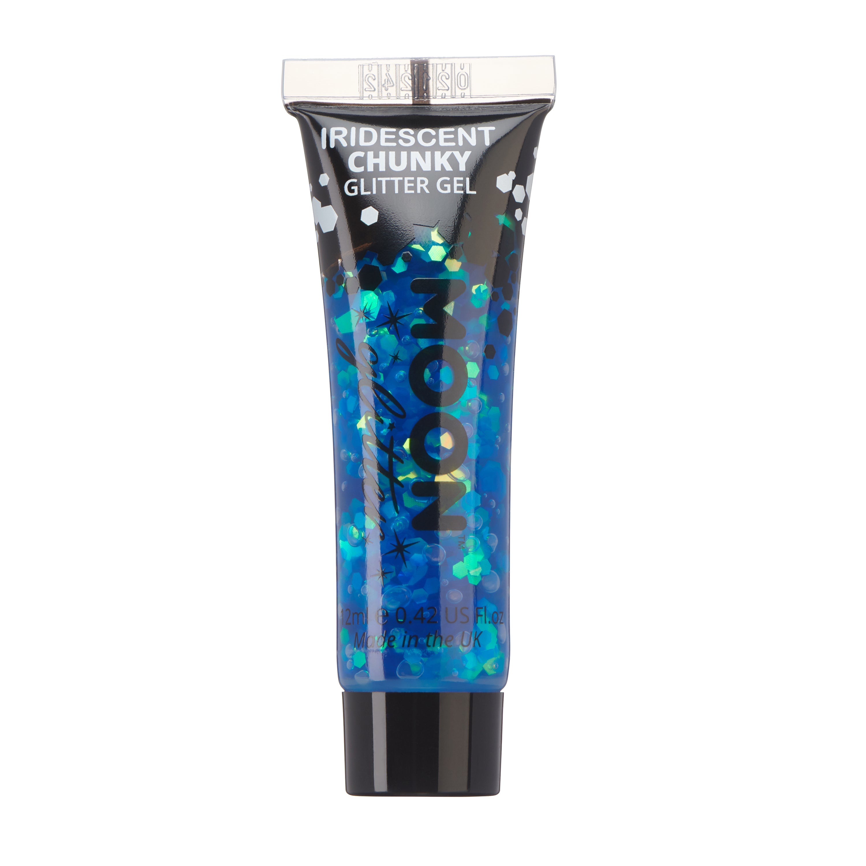 Blue - Iridescent Chunky Face & Body Glitter Gel, 12mL. Cosmetically certified, FDA & Health Canada compliant, cruelty free and vegan.
