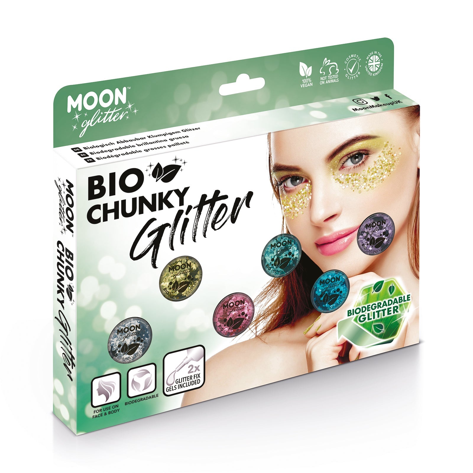 Bio Chunky Face & Body Glitter Boxset - 6 Face & Body Glitter, 2 Fix Gel. Cosmetically certified, FDA & Health Canada compliant, cruelty free and vegan.