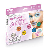 Iridescent Fine Face & Body Glitter Boxset - 6 Shakers, 2 Fix Gel. Cosmetically certified, FDA & Health Canada compliant, cruelty free and vegan.