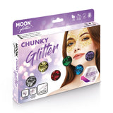 Classic Chunky Face & Body Glitter Boxset - 6 Face & Body Glitter, 2 Fix Gel. Cosmetically certified, FDA & Health Canada compliant, cruelty free and vegan.
