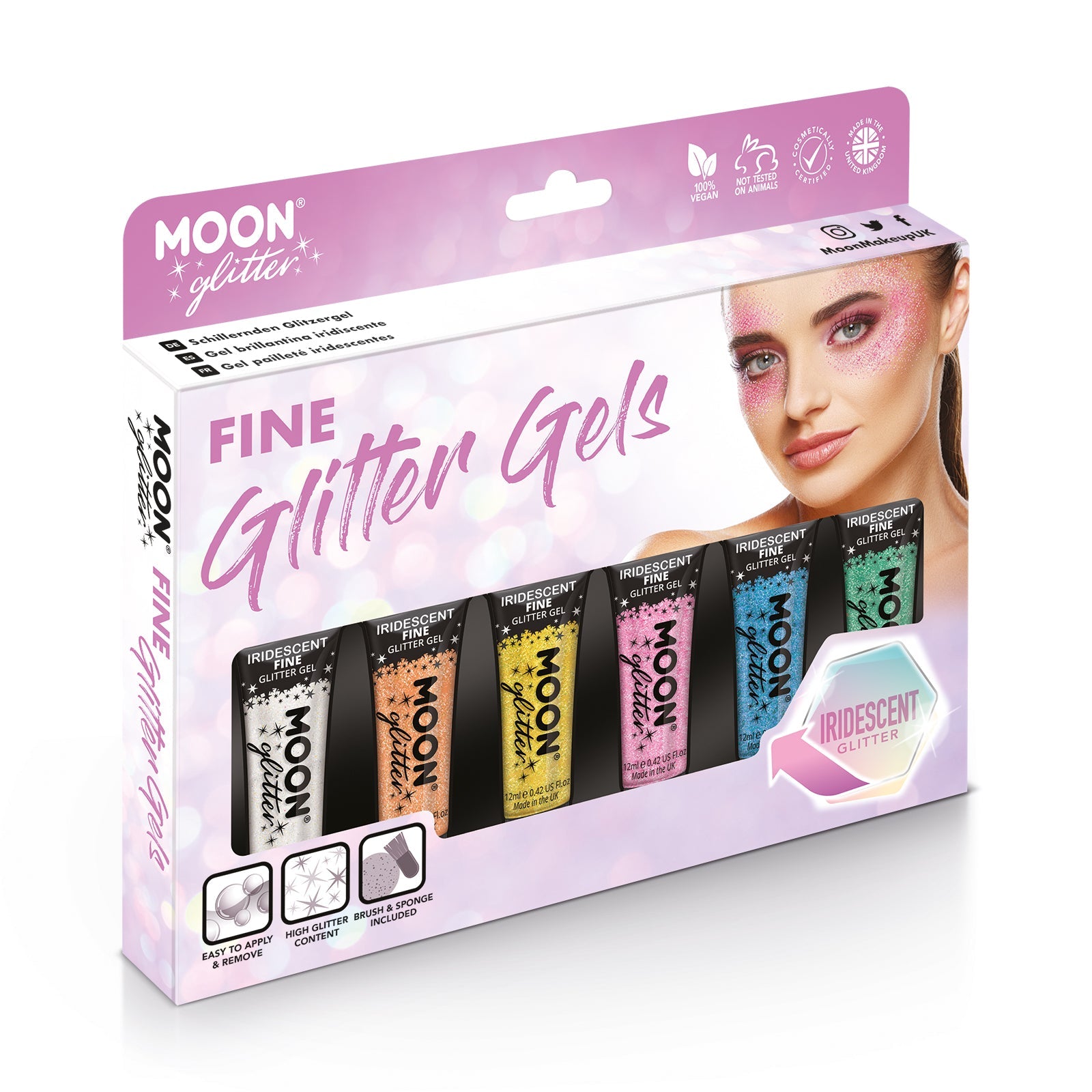 Iridescent Fine Face & Body Glitter Gel Boxset-6Tubes,Light,Bsh,Spng. Cosmetically certified, FDA & Health Canada compliant, cruelty free and vegan.