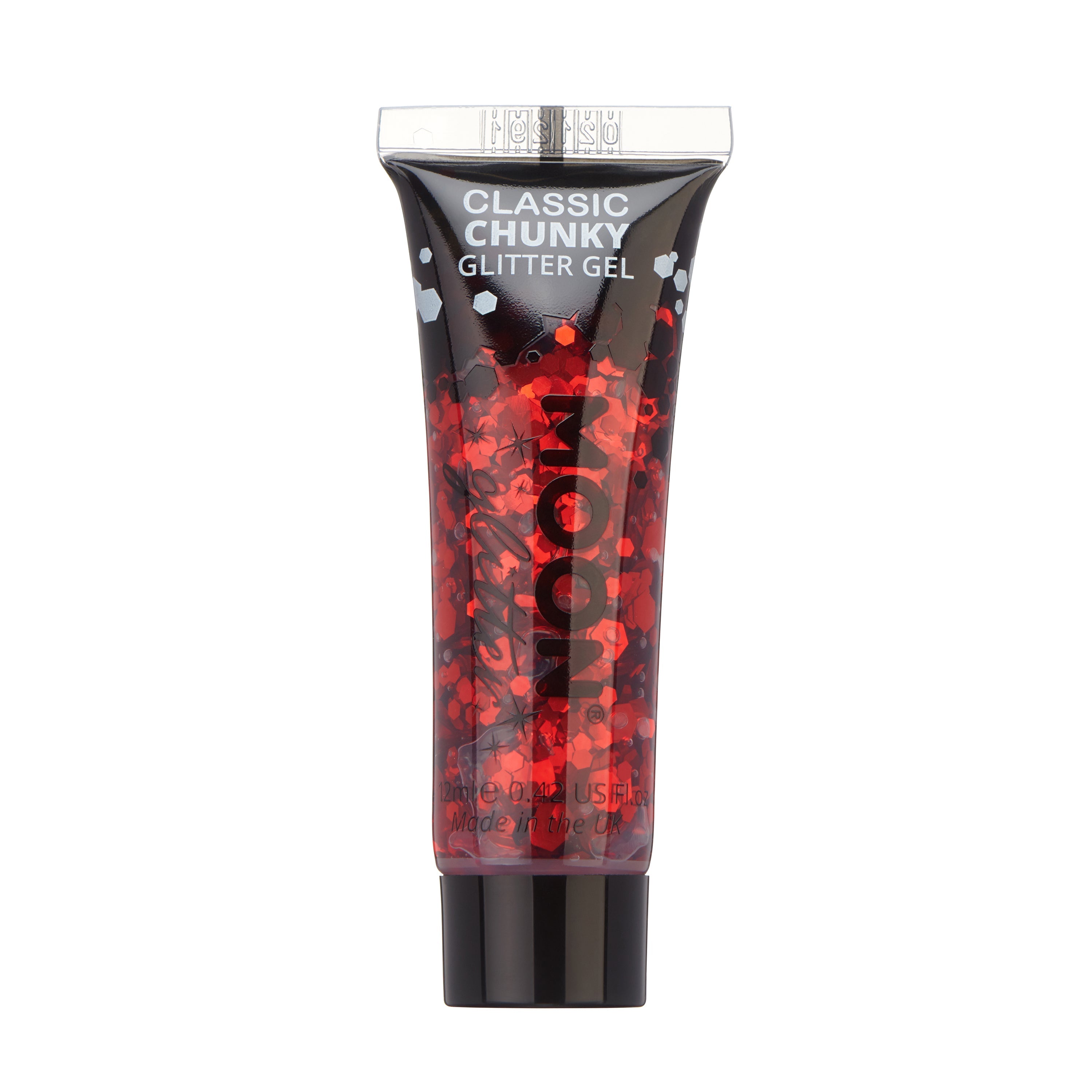 Red - Classic Chunky Face & Body Glitter Gel, 12mL. Cosmetically certified, FDA & Health Canada compliant, cruelty free and vegan.