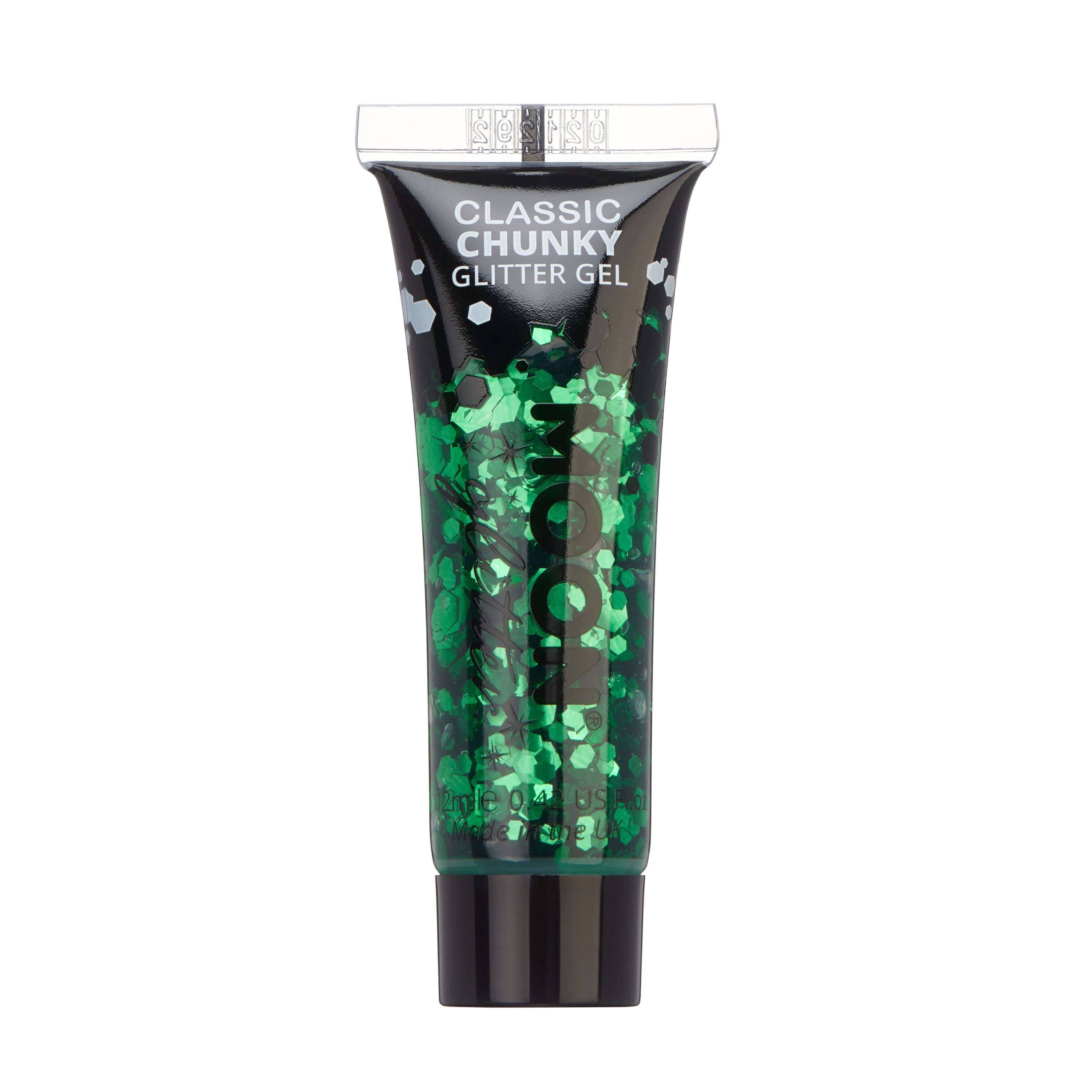 Green - Classic Chunky Face & Body Glitter Gel, 12mL. Cosmetically certified, FDA & Health Canada compliant, cruelty free and vegan.