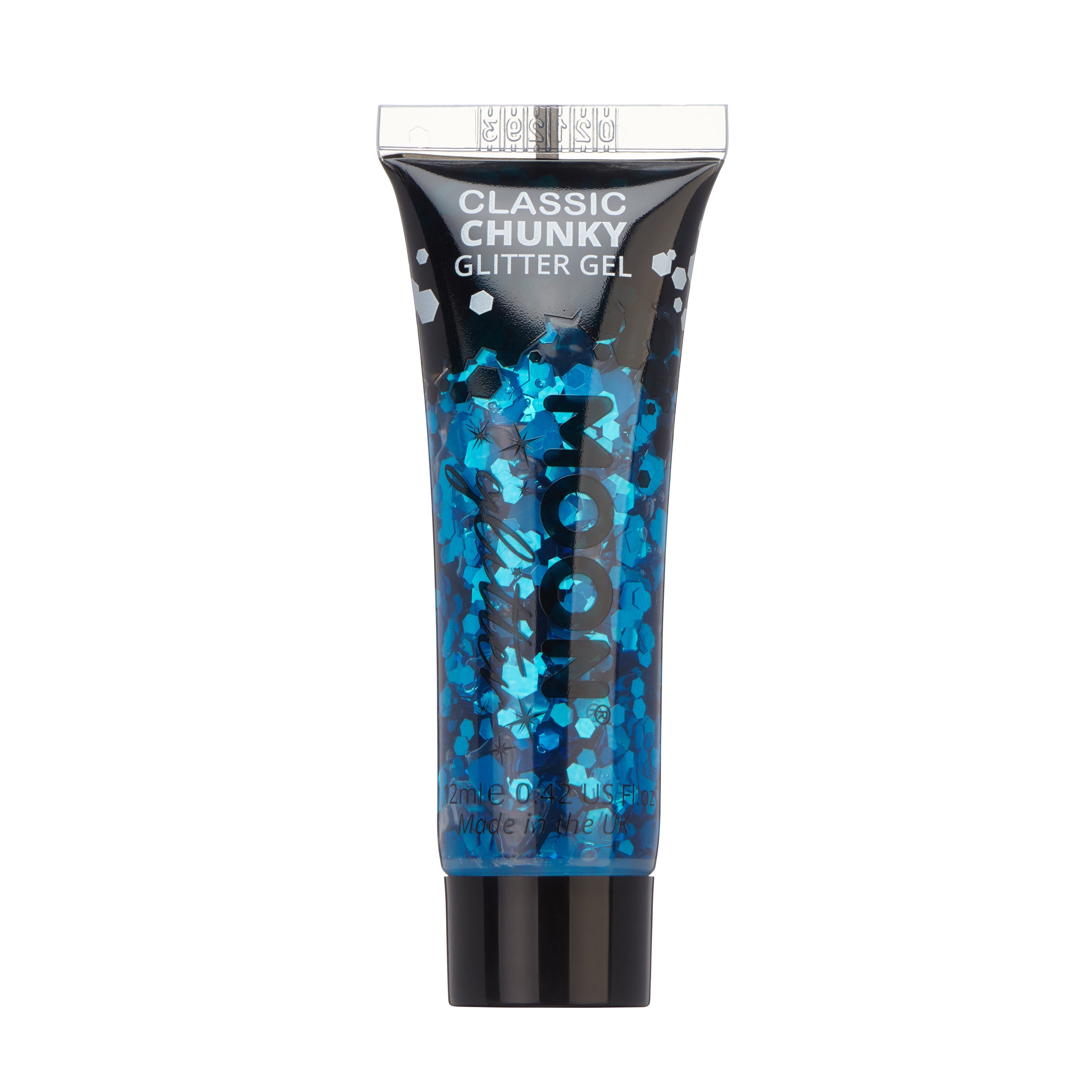Blue - Classic Chunky Face & Body Glitter Gel, 12mL. Cosmetically certified, FDA & Health Canada compliant, cruelty free and vegan.