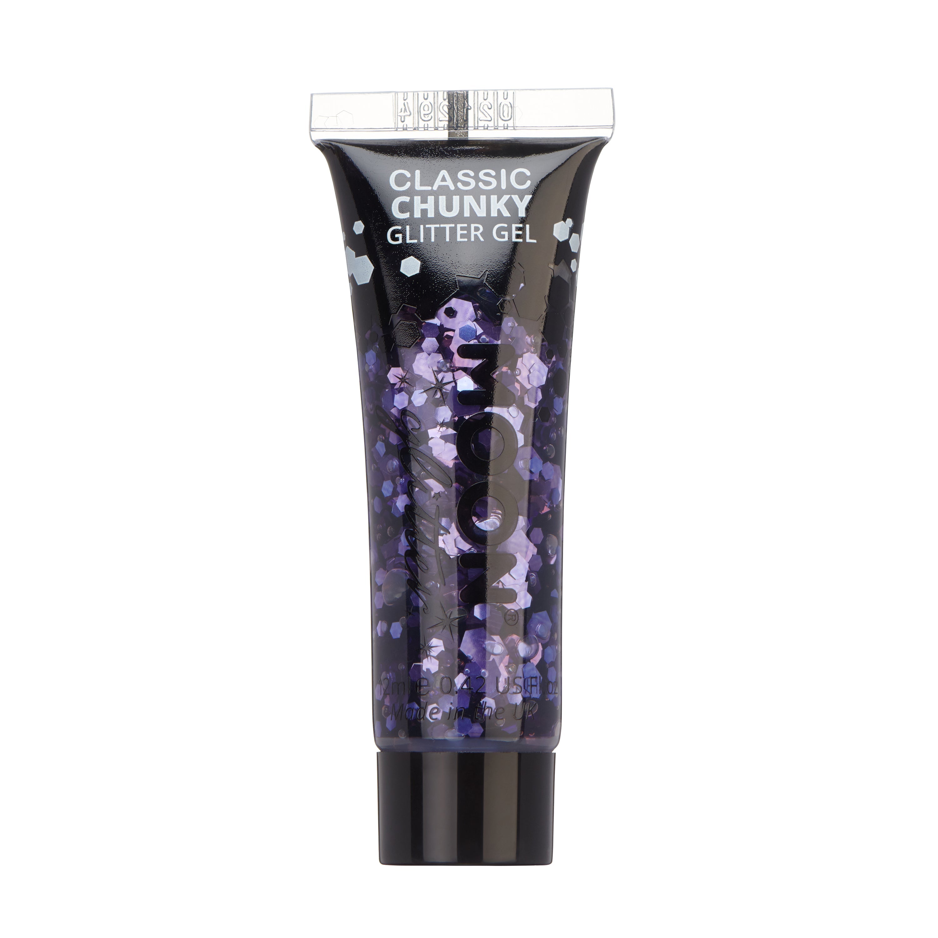Lavender - Classic Chunky Face & Body Glitter Gel, 12mL. Cosmetically certified, FDA & Health Canada compliant, cruelty free and vegan.