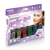 Classic Chunky Face & Body Glitter Gel Boxset-6Tubes,Light,Bsh,Spng. Cosmetically certified, FDA & Health Canada compliant, cruelty free and vegan.