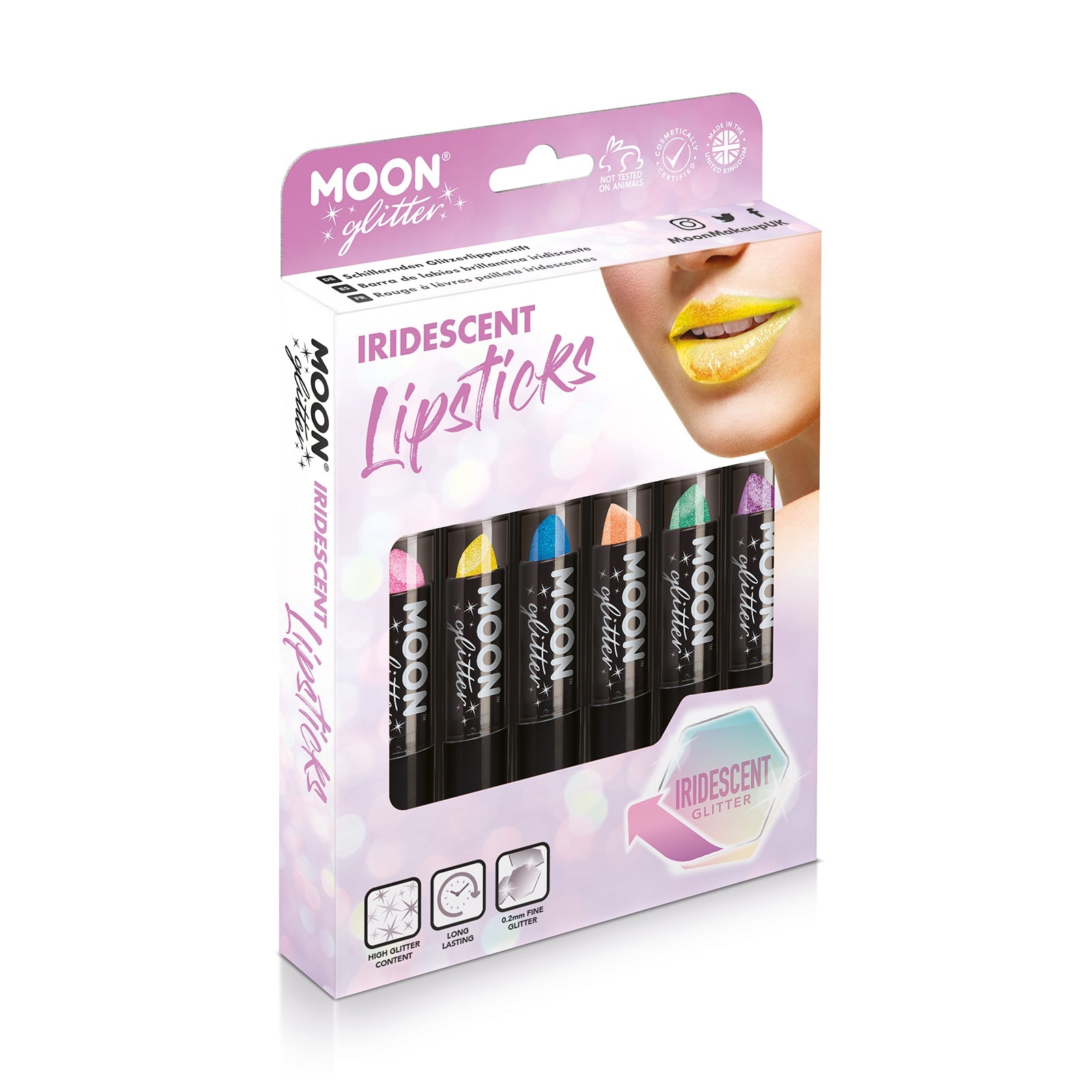 Iridescent Glitter Lipstick Boxset - 6 Lipstick. Cosmetically certified, FDA & Health Canada compliant and cruelty free.