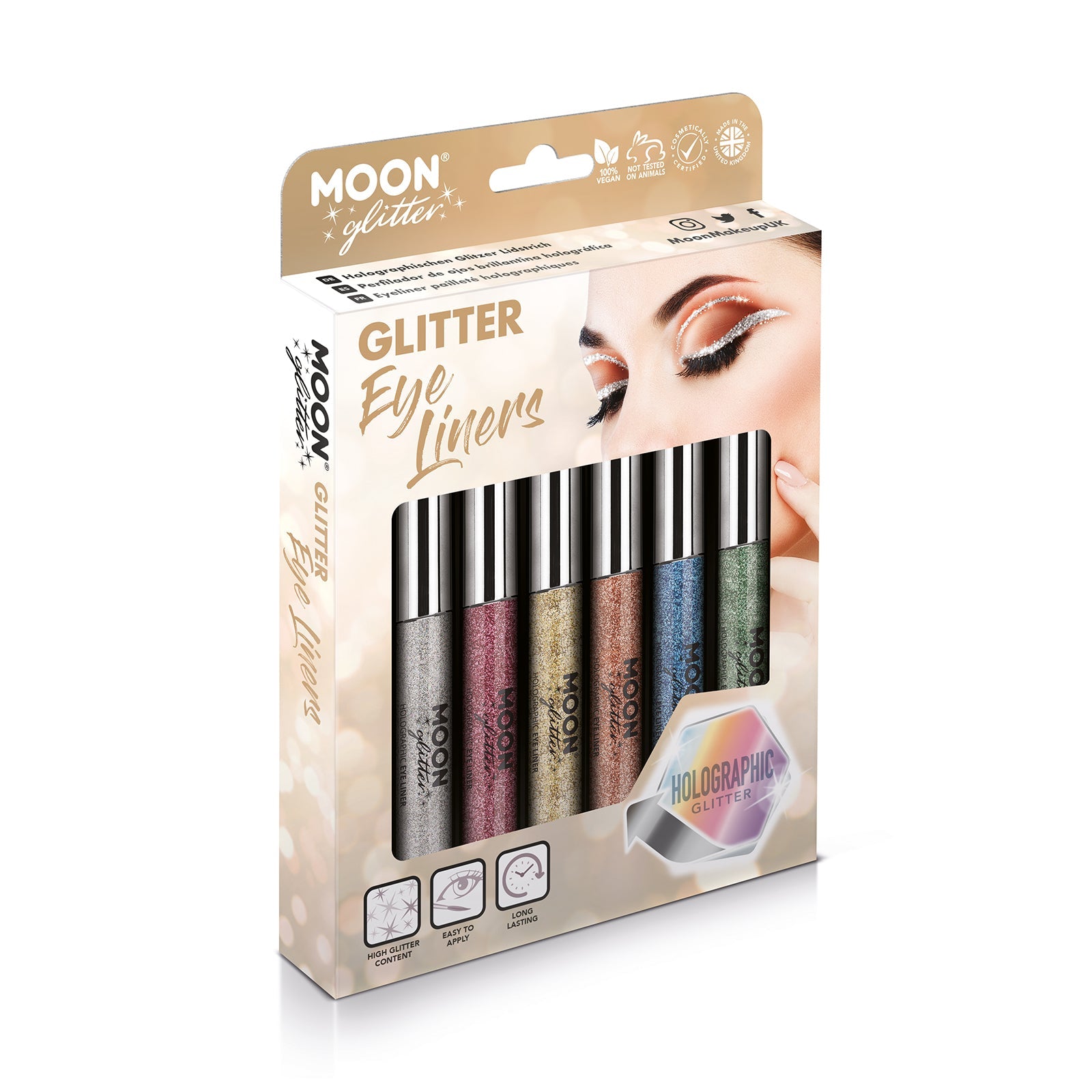 Holographic Glitter Eyeliner Boxset - 6 Eyeliner. Cosmetically certified, FDA & Health Canada compliant, cruelty free and vegan.