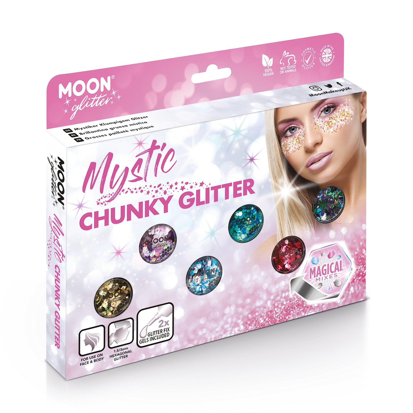 Mystic Chunky Face & Body Glitter Boxset - 6 Face & Body Glitter, 2 Fix Gel. Cosmetically certified, FDA & Health Canada compliant, cruelty free and vegan.