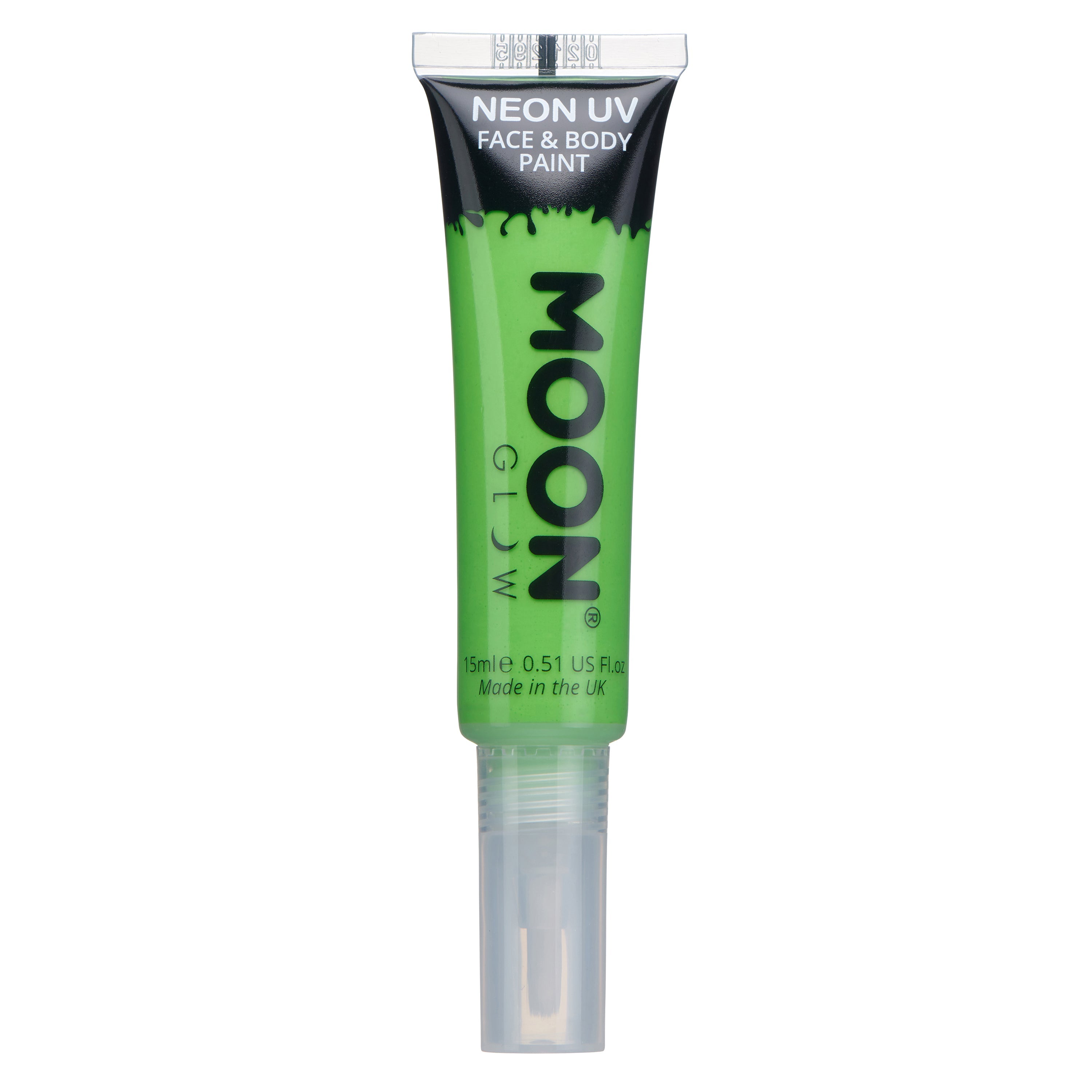 Intense Green - Neon UV Glow Blacklight Face & Body Paint Makeup w/Brush, 15mL. Cosmetically certified, FDA & Health Canada compliant, cruelty free and vegan.
