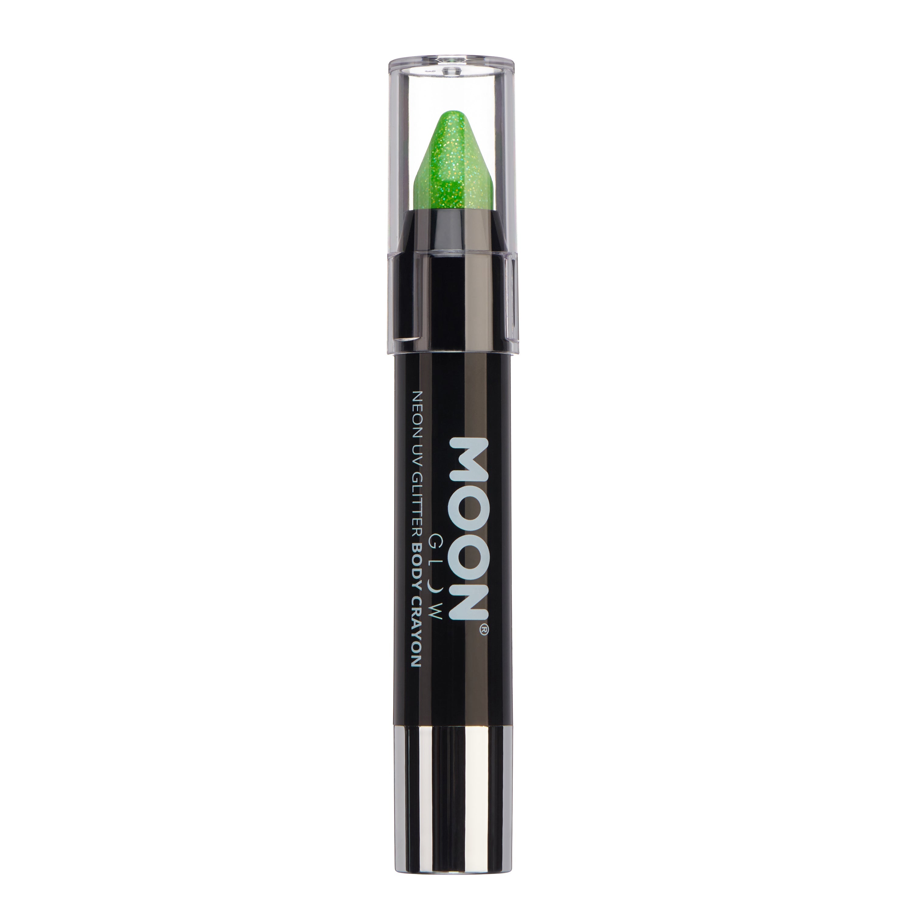 Green - Neon UV Glow Blacklight Glitter Face & Body Crayon, 3.5g. Cosmetically certified, FDA & Health Canada compliant and cruelty free.