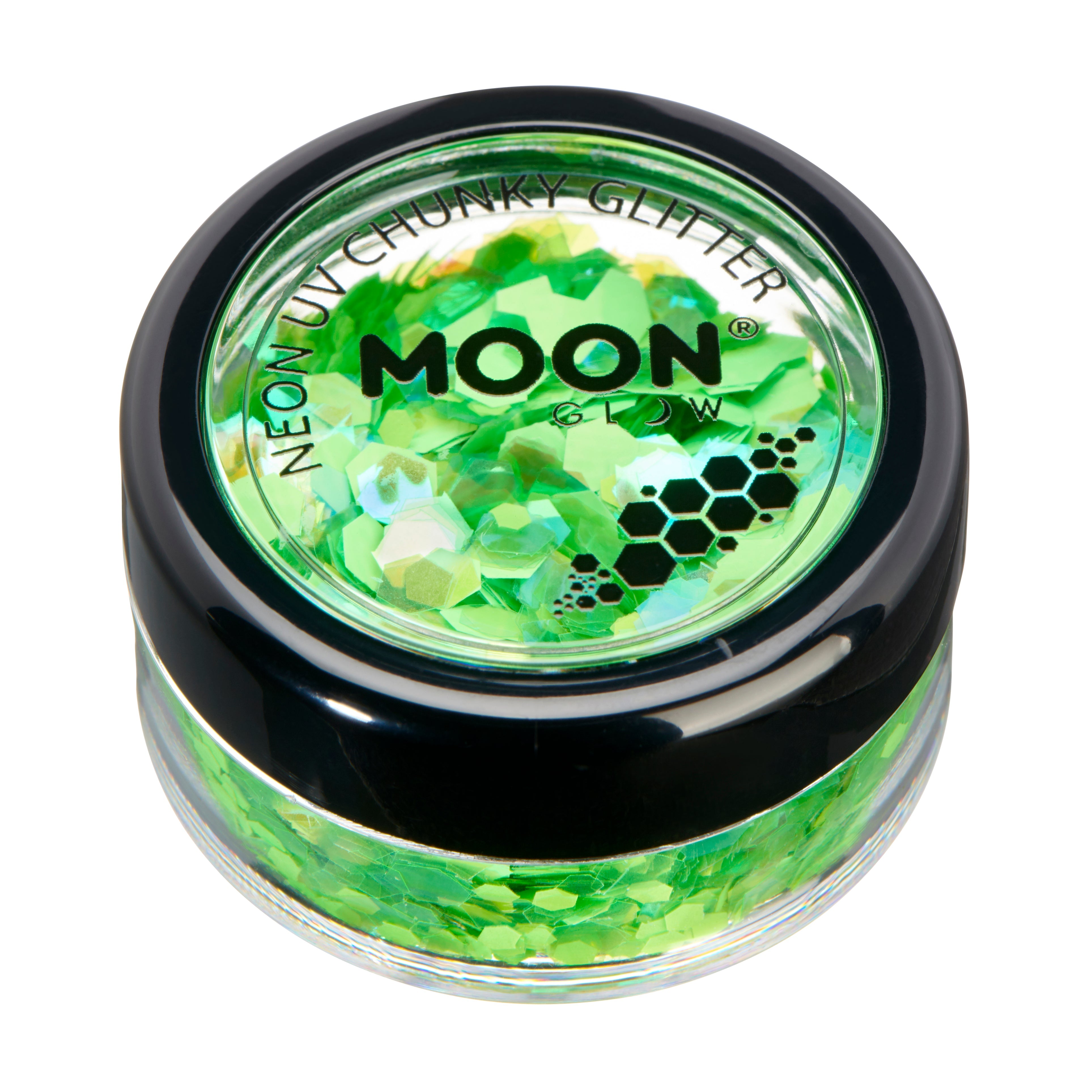 Green- Neon UV Glow Blacklight Chunky Face & Body Glitter, 3g. Cosmetically certified, FDA & Health Canada compliant, cruelty free and vegan.