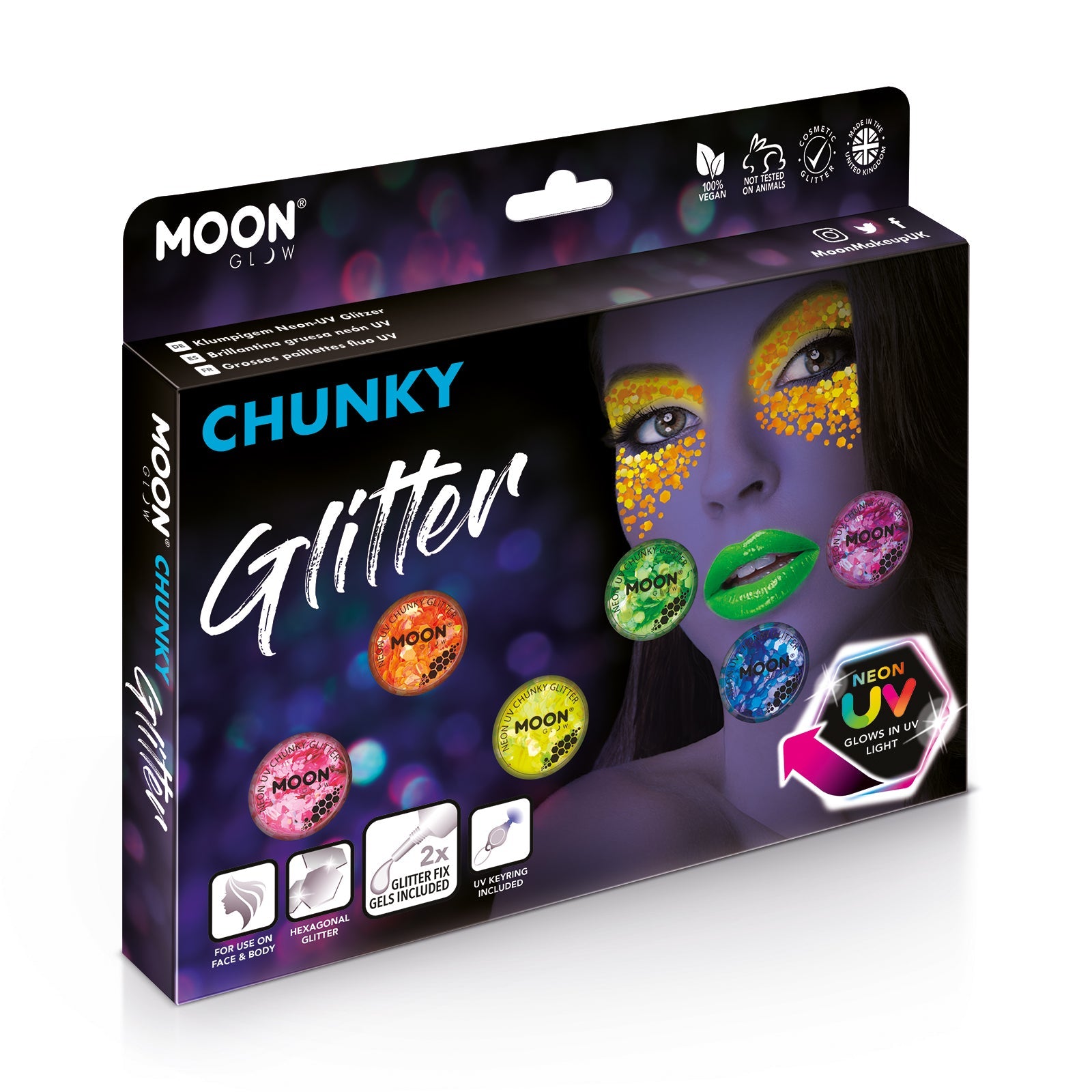 Neon UV Glow Blacklight Chunky Face & Body Glitter Boxset-6 Face & Body Glitter,UVLight,2 Fix Gel. Cosmetically certified, FDA & Health Canada compliant, cruelty free and vegan.