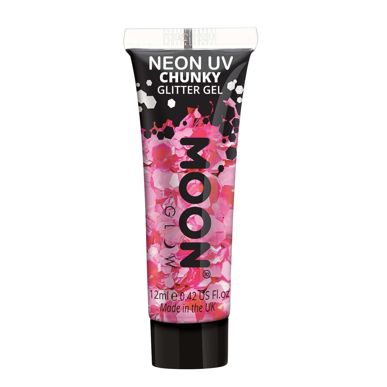 Hot Pink - Neon UV Glow Blacklight Chunky Face & Body Glitter Gel, 12mL. Cosmetically certified, FDA & Health Canada compliant, cruelty free and vegan.