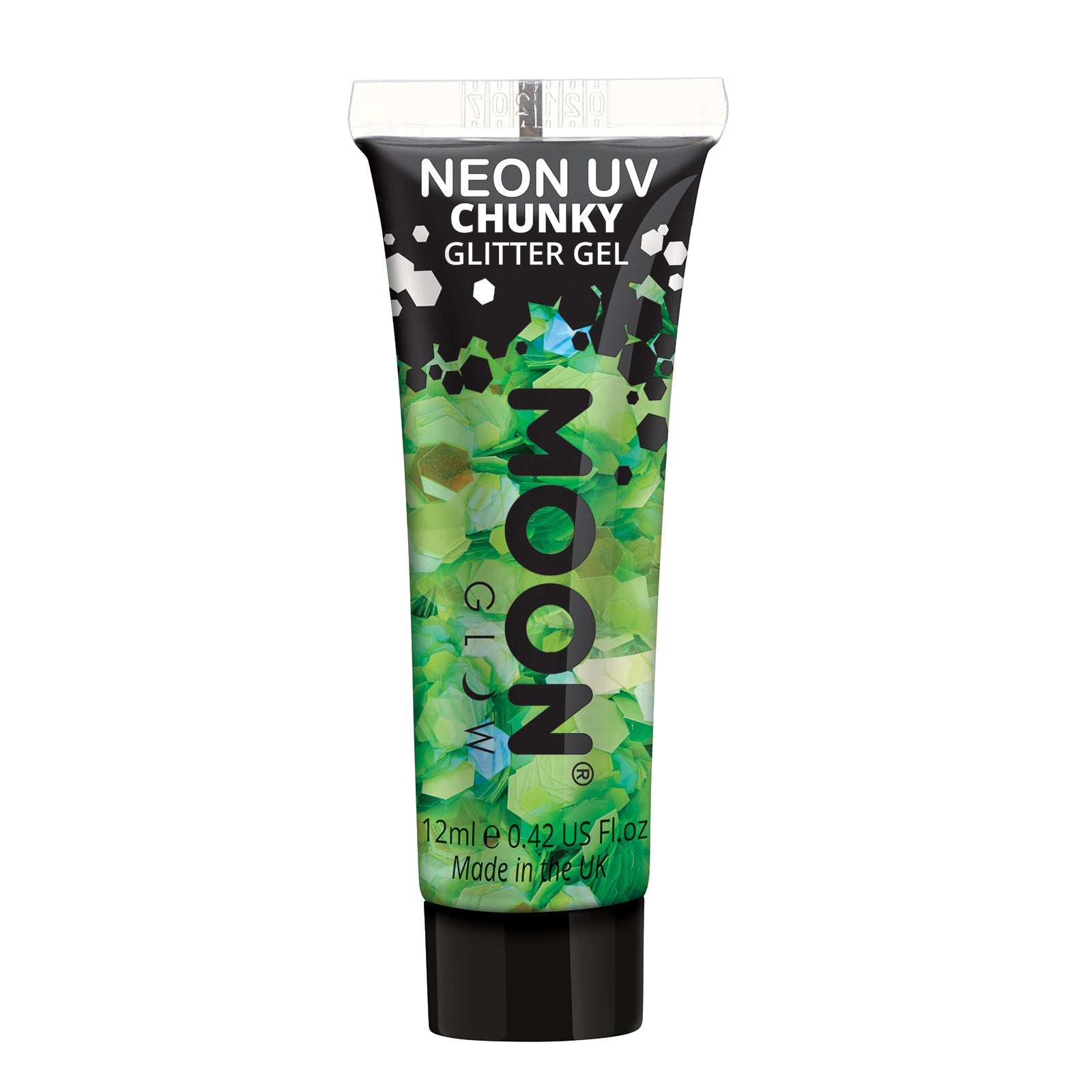 Green - Neon UV Glow Blacklight Chunky Face & Body Glitter Gel, 12mL. Cosmetically certified, FDA & Health Canada compliant, cruelty free and vegan.