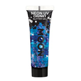 Blue - Neon UV Glow Blacklight Chunky Face & Body Glitter Gel, 12mL. Cosmetically certified, FDA & Health Canada compliant, cruelty free and vegan.