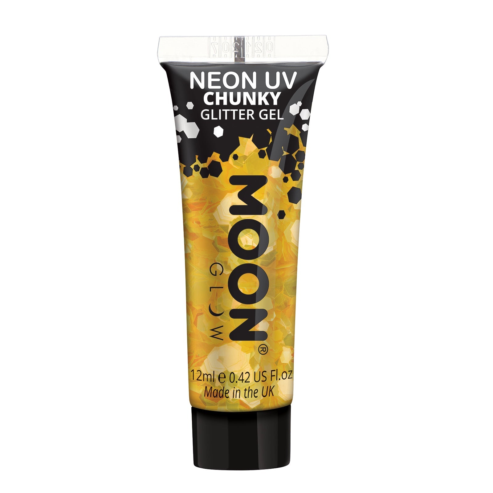 Golden Yellow - Neon UV Glow Blacklight Chunky Face & Body Glitter Gel, 12mL. Cosmetically certified, FDA & Health Canada compliant, cruelty free and vegan.