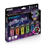 Neon UV Glow Blacklight Chunky Face & Body Glitter Gel Boxset-6Tubes,Light,Bsh,Spng. Cosmetically certified, FDA & Health Canada compliant, cruelty free and vegan.