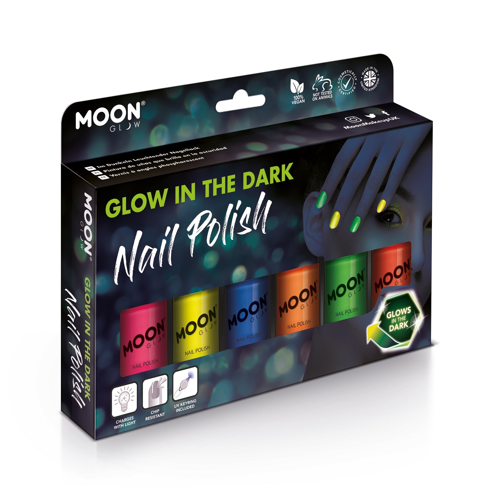 Glow in the Dark Nail Polish Boxset. Cosmetically certified, FDA & Health Canada compliant, cruelty free and vegan.