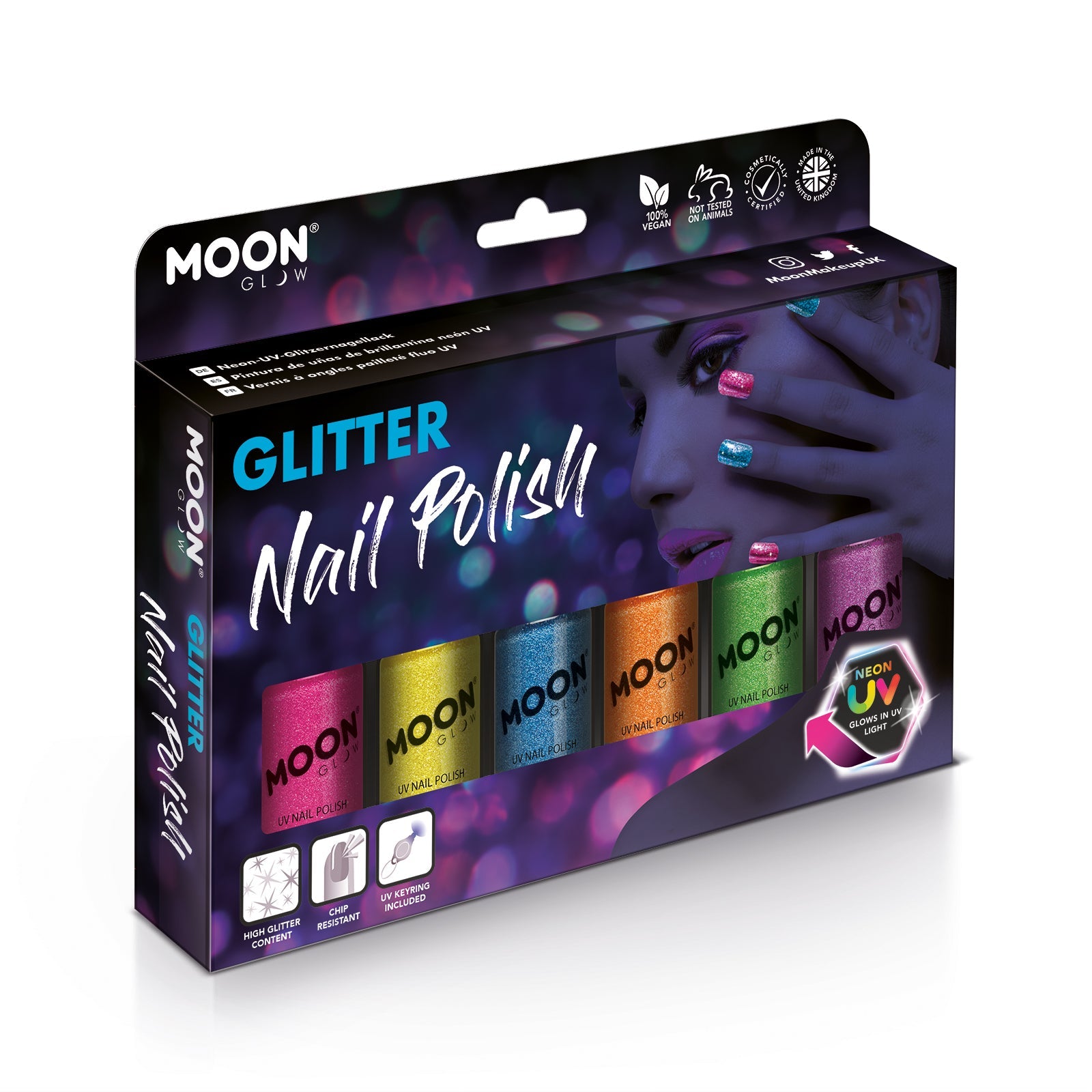 UV Glitter Nail Polish Boxset - 6 nail polish bottles, UV light. Cosmetically certified, FDA & Health Canada compliant, cruelty free and vegan.
