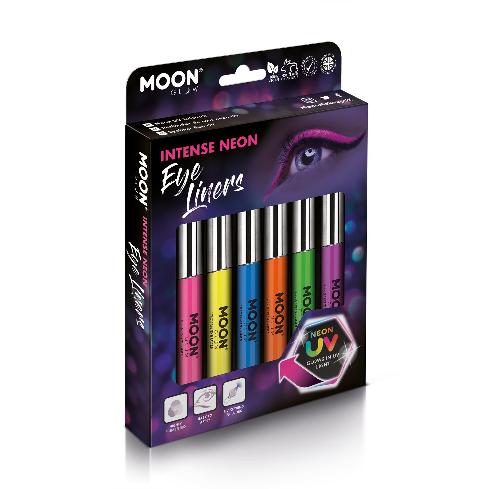 Intense Neon UV Glow Blacklight Eyeliner Boxset - 6 Eyeliner. Cosmetically certified, FDA & Health Canada compliant, cruelty free and vegan.