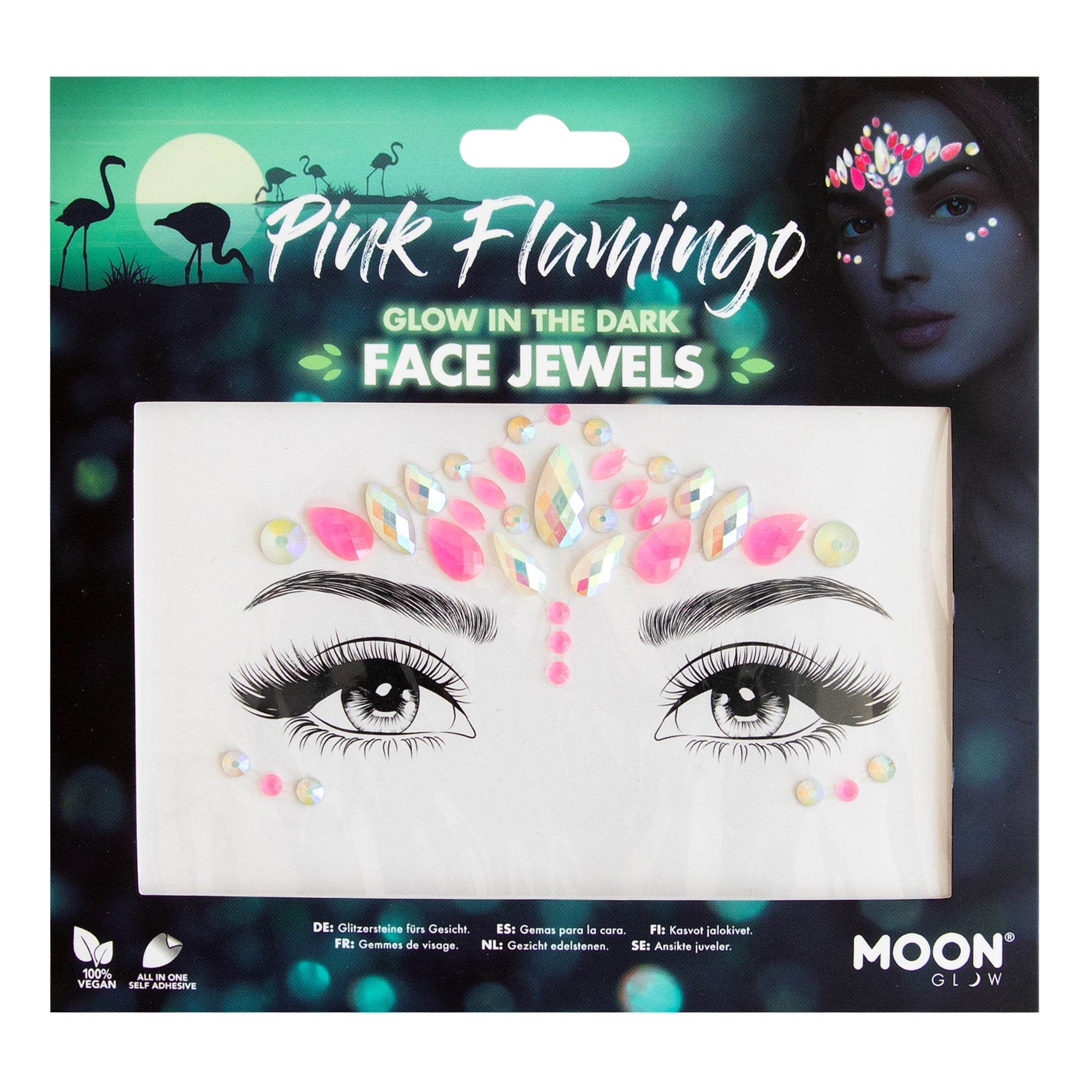 Pink Flamingo - Glow in the Dark Adhesive Face Gems, Jewels and Rhinestones
