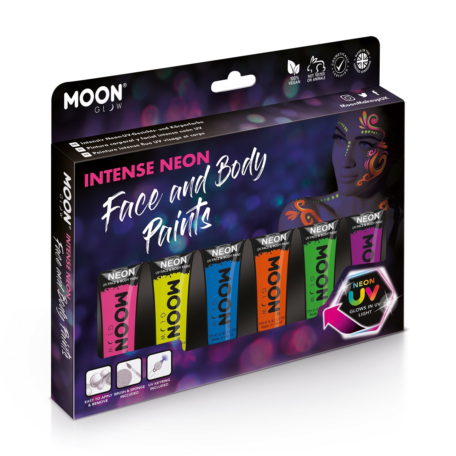 Intense Neon Face & Body Paint Makeup Boxset - 6 tubes, UV light, brush. Cosmetically certified, FDA & Health Canada compliant, cruelty free and vegan.