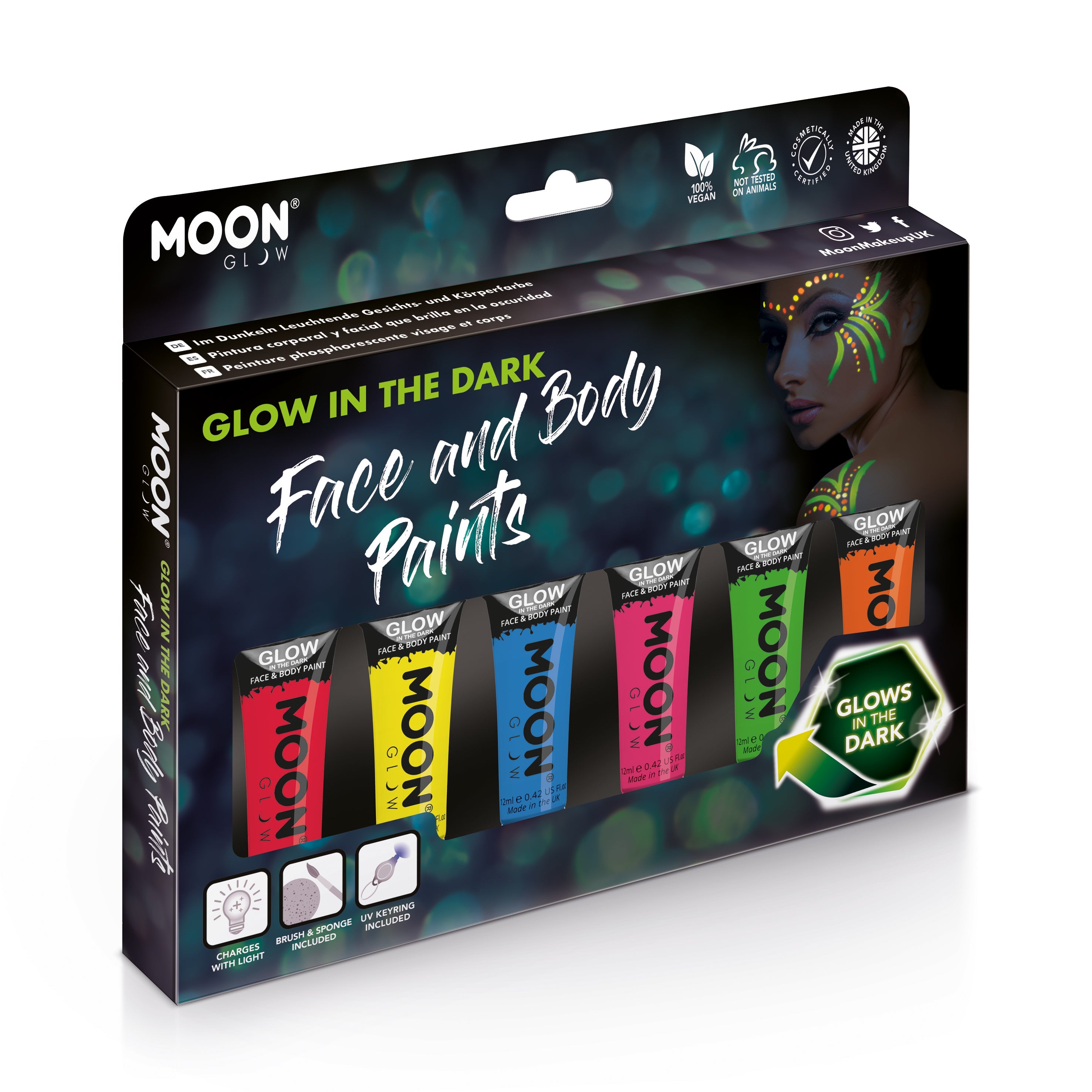 Glow Face & Body Paint Makeup Boxset - 6 tubes, UV light, brush, sponge. Cosmetically certified, FDA & Health Canada compliant, cruelty free and vegan.