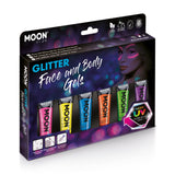 Neon UV Glow Blacklight Fine Face & Body Glitter Gel Boxset - 6 tubes, UV light, brush, sp. Cosmetically certified, FDA & Health Canada compliant, cruelty free and vegan.