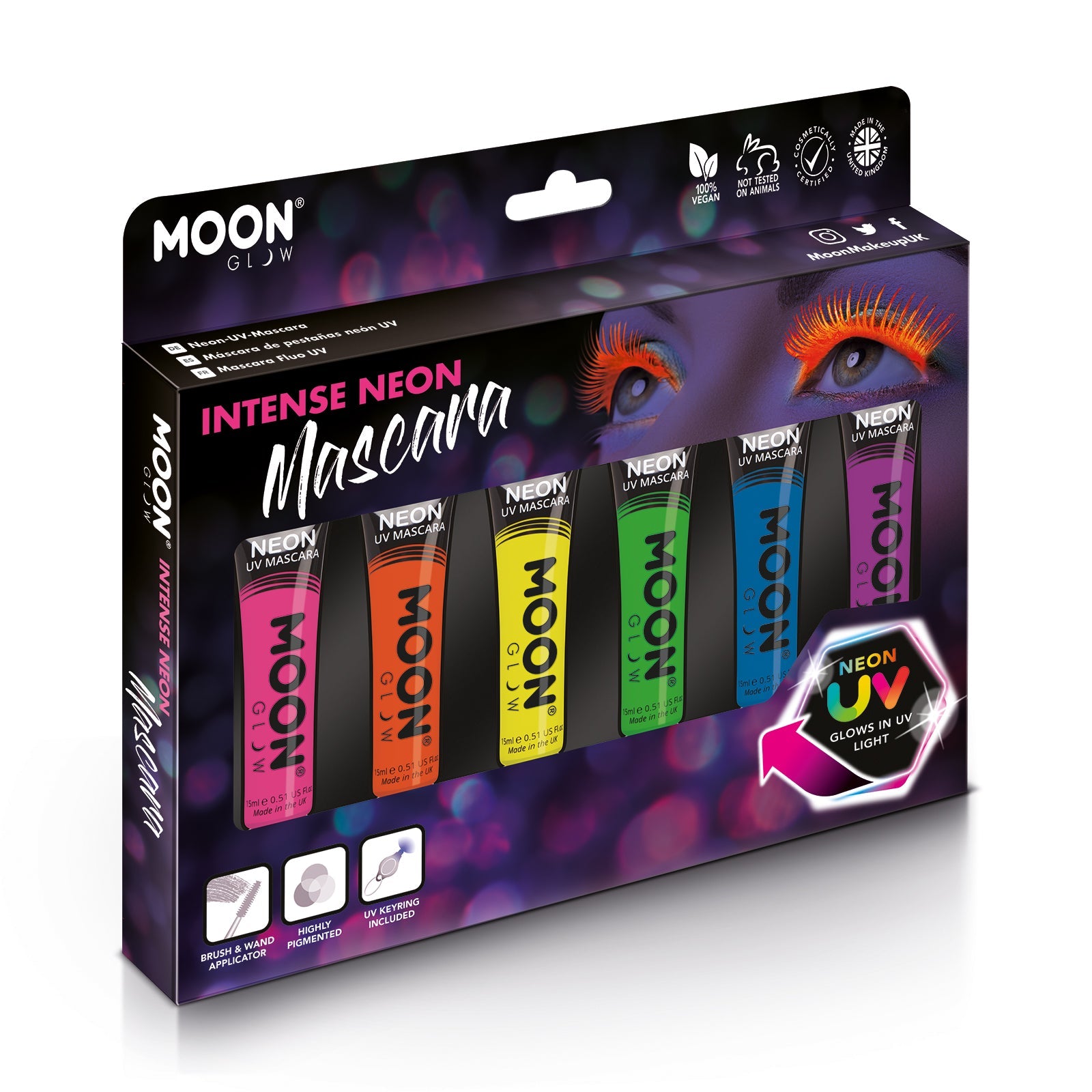 Intense Neon UV Glow Blacklight Mascara Boxset - 6 tubes, UV light. Cosmetically certified, FDA & Health Canada compliant, cruelty free and vegan.