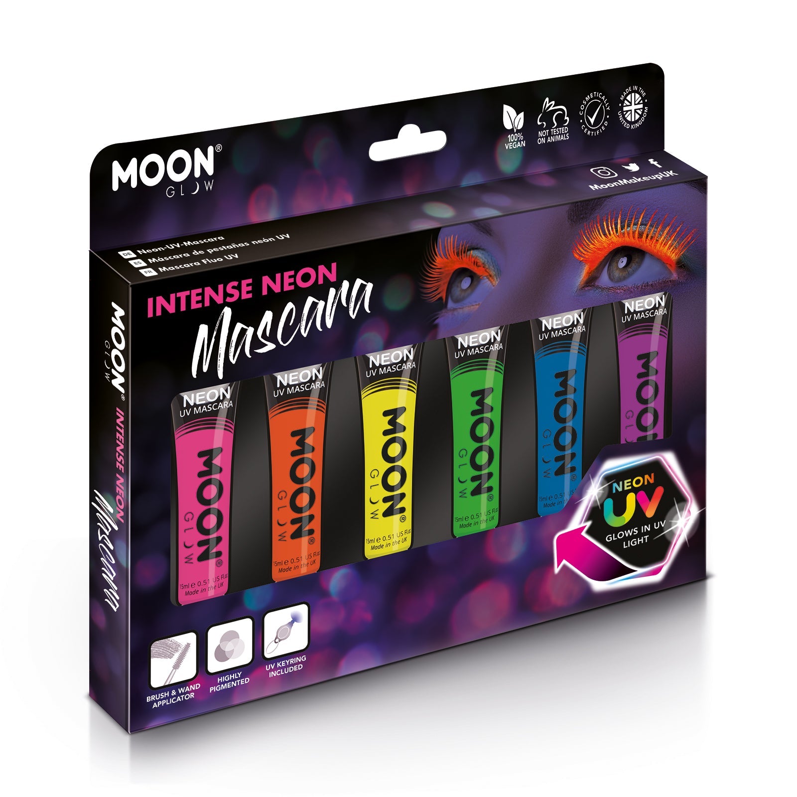 Intense Neon UV Glow Blacklight Mascara Boxset - 6 tubes, UV light. Cosmetically certified, FDA & Health Canada compliant, cruelty free and vegan.