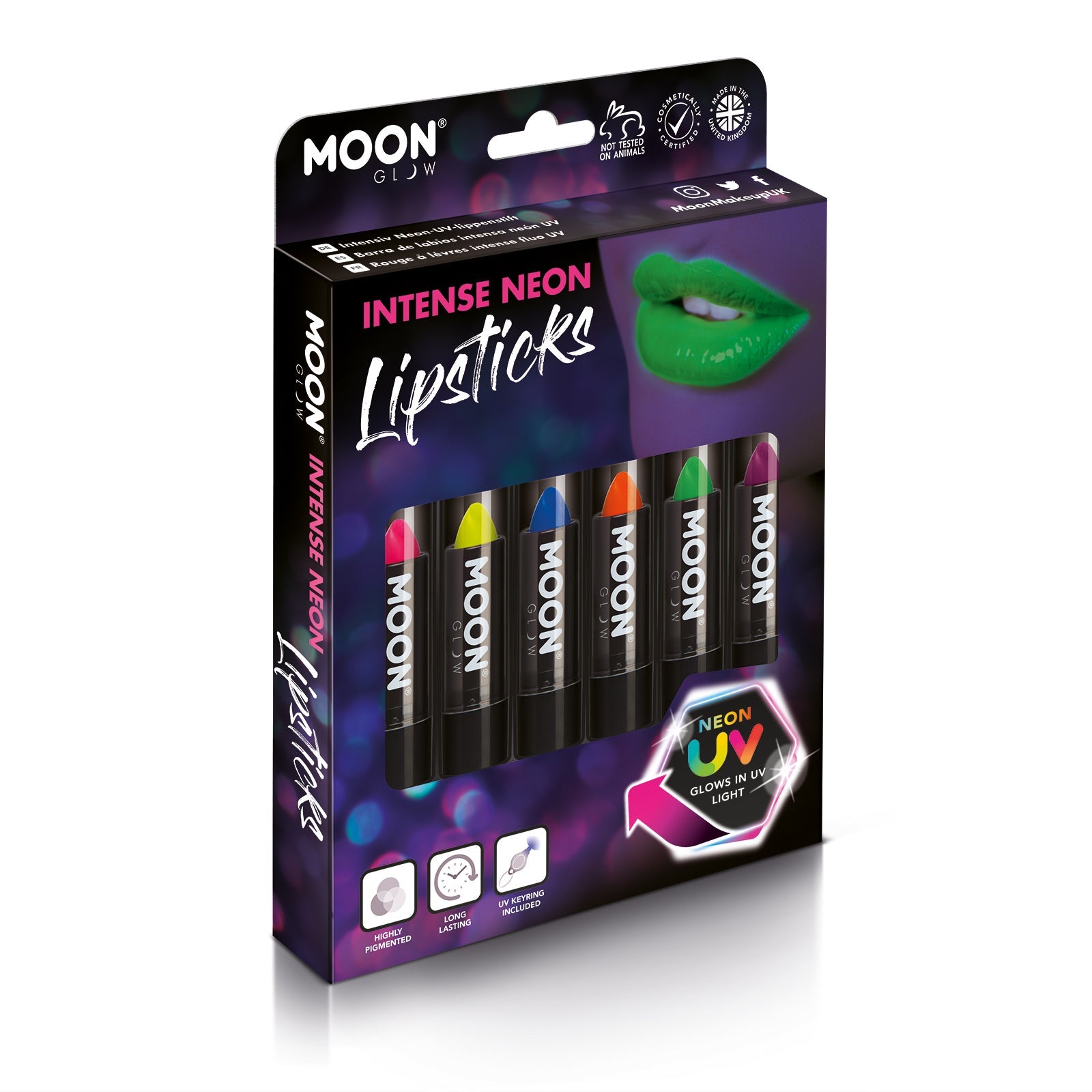 Intense Neon UV Glow Blacklight Lipstick Boxset - 6 lipsticks, UV light. Cosmetically certified, FDA & Health Canada compliant and cruelty free.