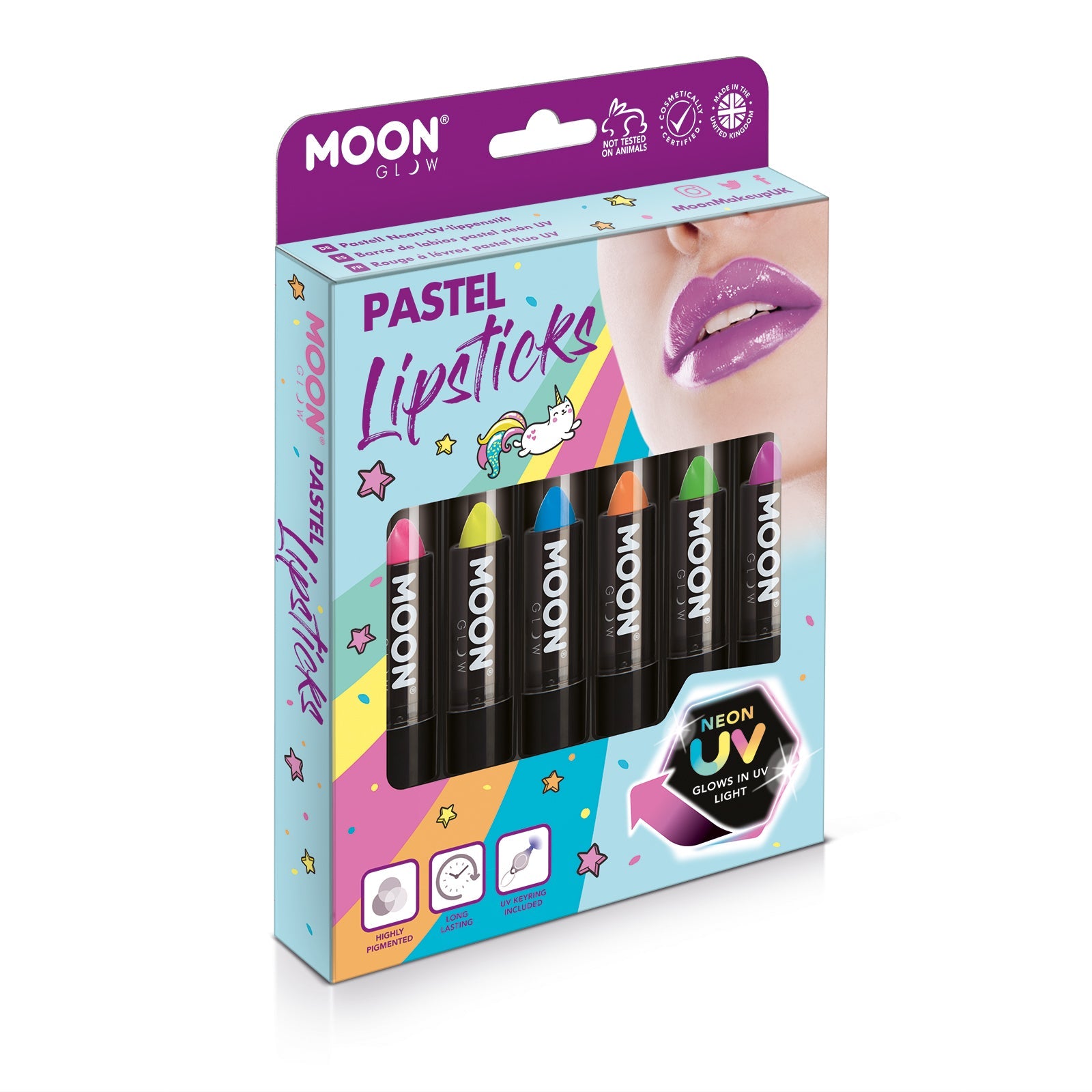 Pastel Neon UV Glow Blacklight Lipstick Boxset - 6 lipsticks, UV light. Cosmetically certified, FDA & Health Canada compliant and cruelty free.