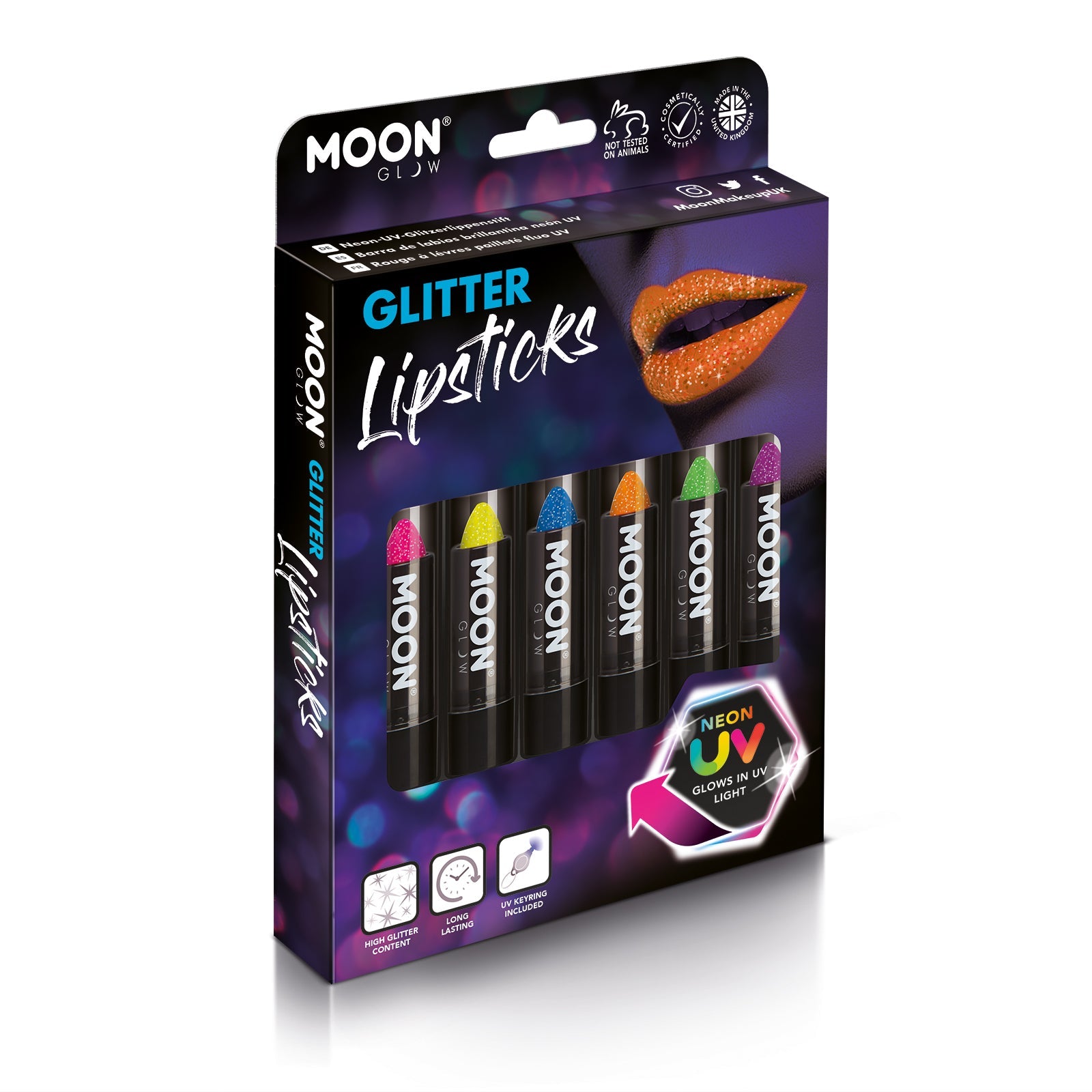 Neon UV Glow Blacklight Glitter Lipstick Boxset - 6 lipsticks, UV light. Cosmetically certified, FDA & Health Canada compliant and cruelty free.