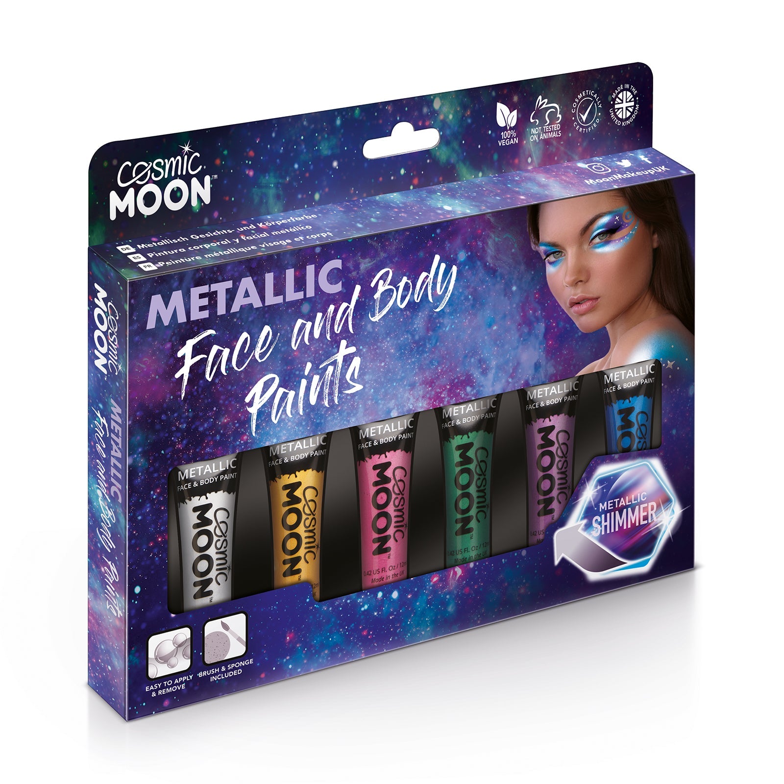 Metallic Face & Body Paint Makeup Boxset - 6 tubes, brush, sponge. Cosmetically certified, FDA & Health Canada compliant, cruelty free and vegan.
