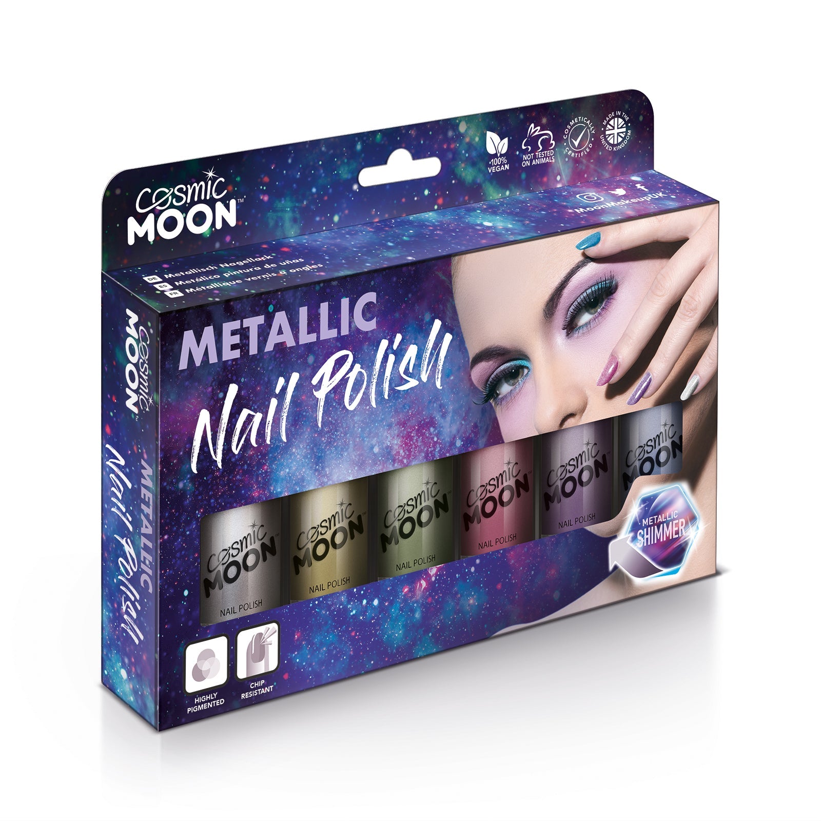 Metallic Nail Polish Boxset - 6 nail polish bottles. Cosmetically certified, FDA & Health Canada compliant, cruelty free and vegan.