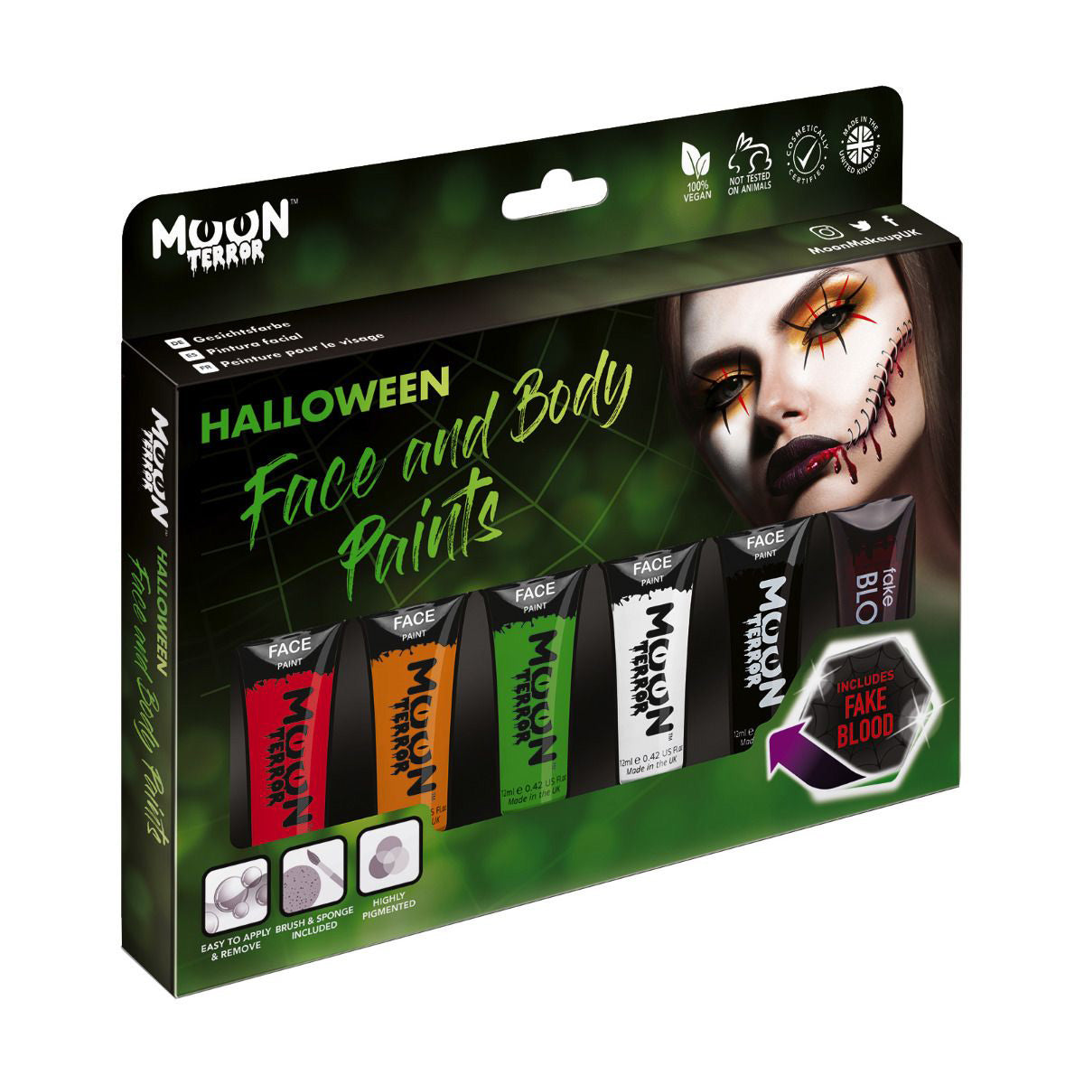 Halloween Face & Body Paint Makeup Boxset - 5 tubes, blood, brush, spnge. Cosmetically certified, FDA & Health Canada compliant, cruelty free and vegan.
