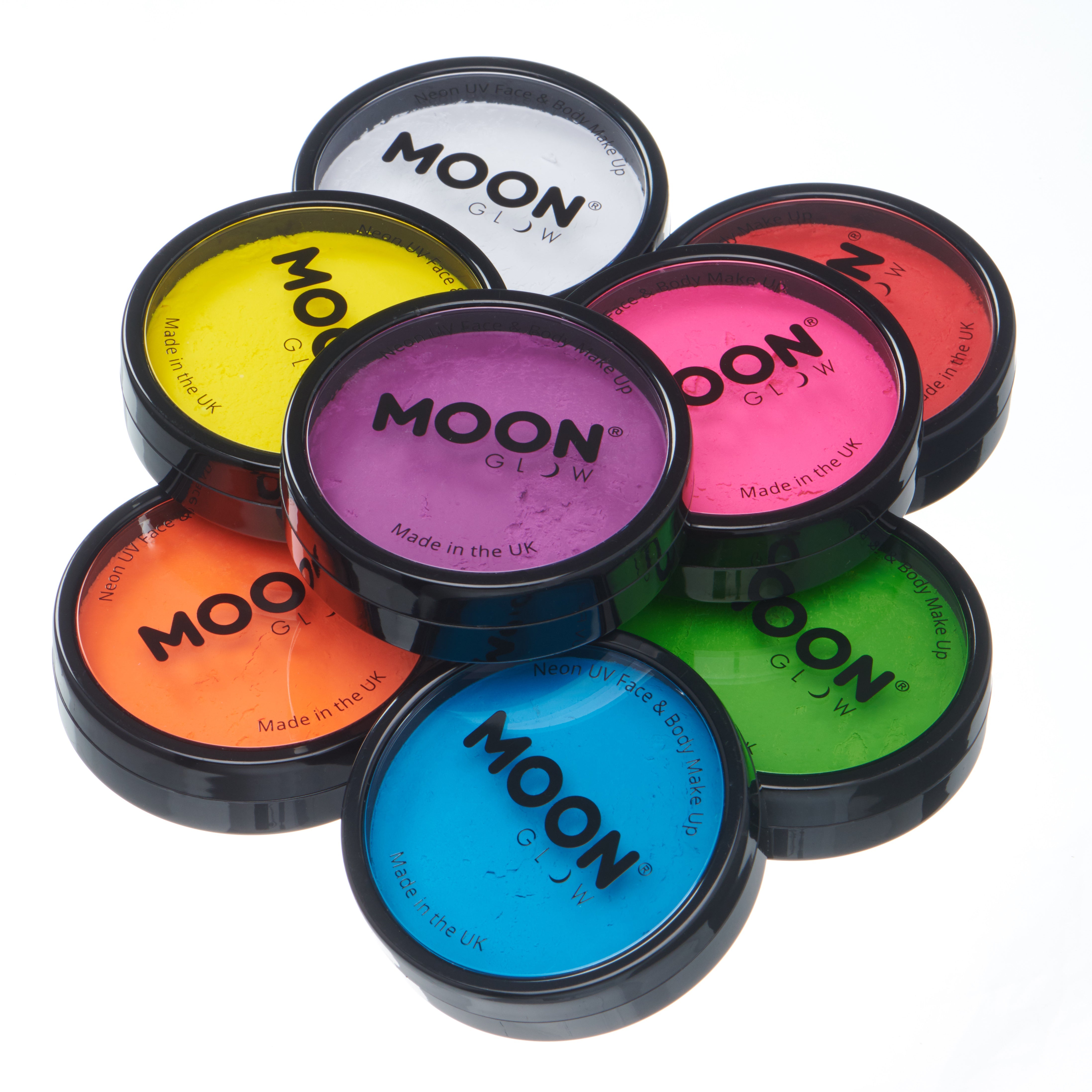 Neon UV Glow Blacklight Professional Face Paint. Cosmetically certified, FDA & Health Canada compliant, cruelty free and vegan.